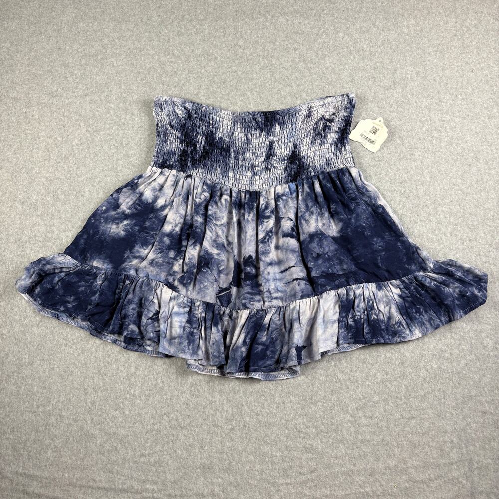 Altar'd State Tie Dye Mini Skirt XL Blue White Smocked Ruffle Boho NWT